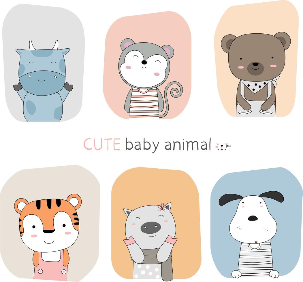 Hand drawn cute baby animals with color frame backgrounds vector