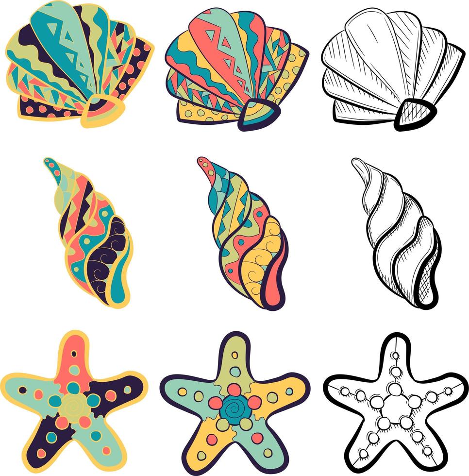 paquete pequeño con elementos marinos: almejas, conchas, ostras y estrellas de mar. vector