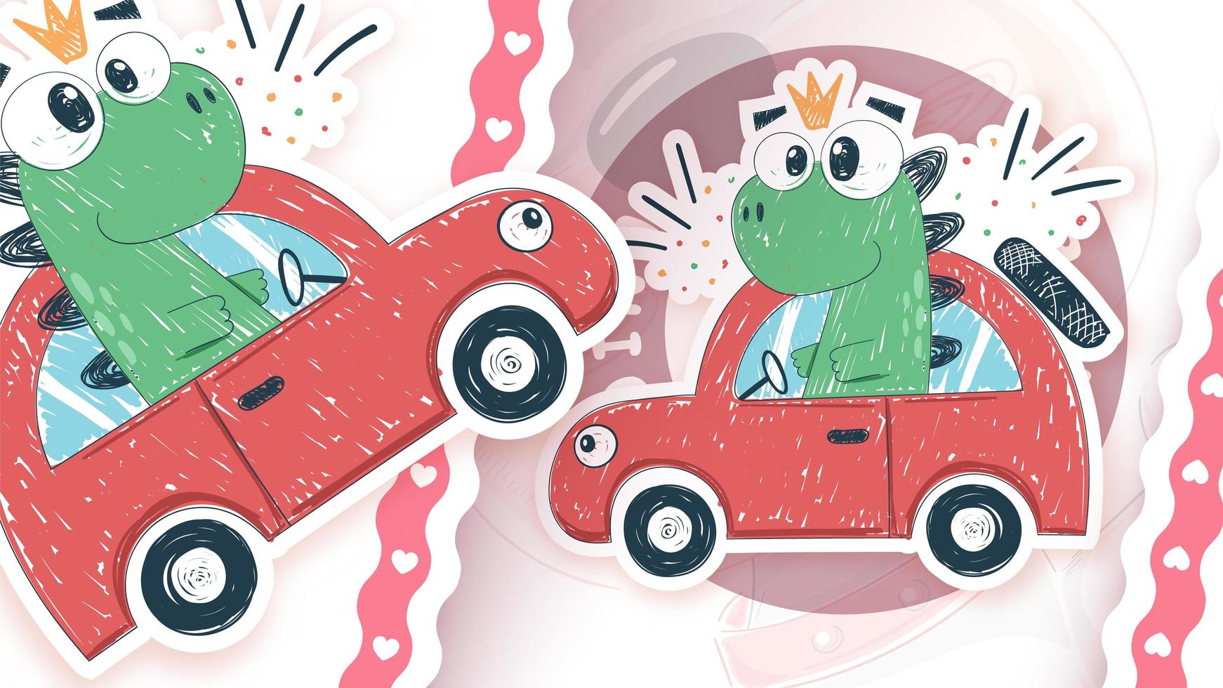 Dino driving car in sticker style vector