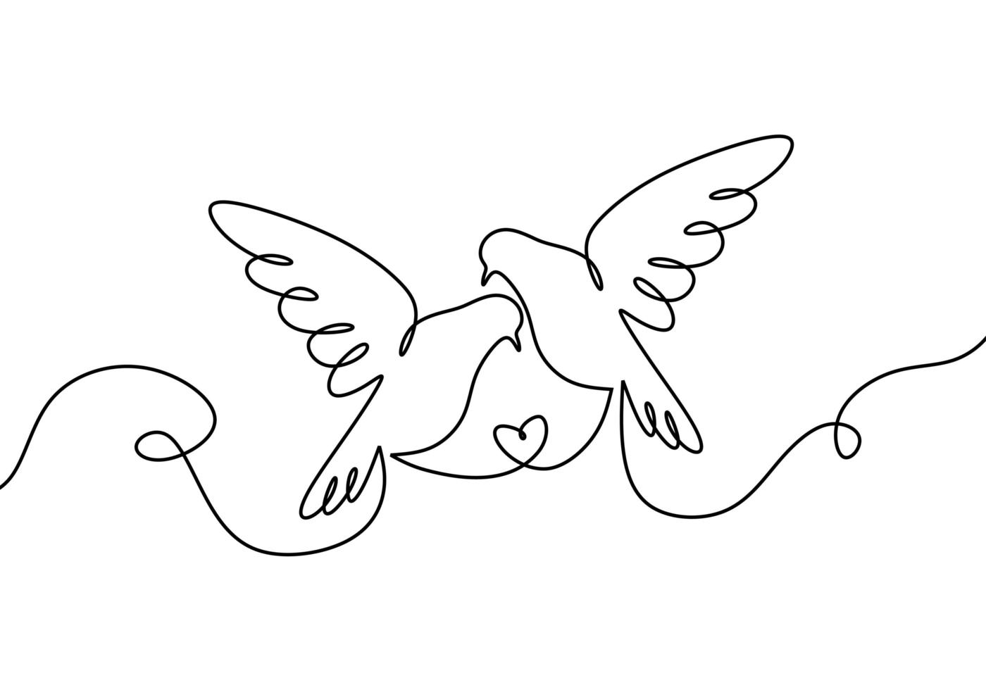 Couple of birds in love. One continuous line drawing, two flying dove birds. vector