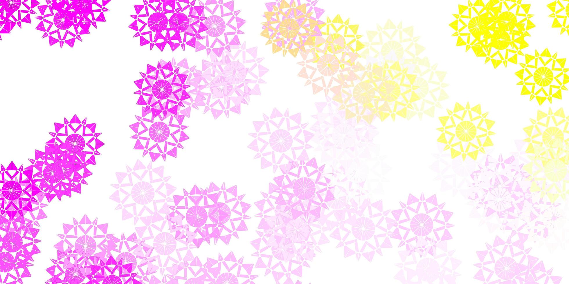 Fondo de vector de color rosa claro, amarillo con copos de nieve de Navidad.