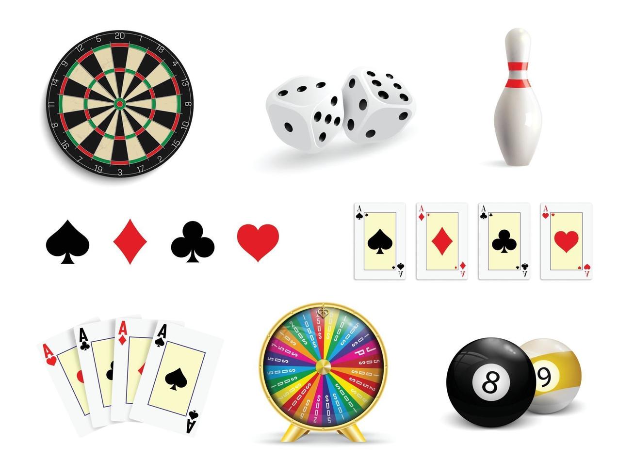 Set of illustrations of gambling. Poker, Casino, Darts, Bowling, Wheel of Luck and Dice. vector