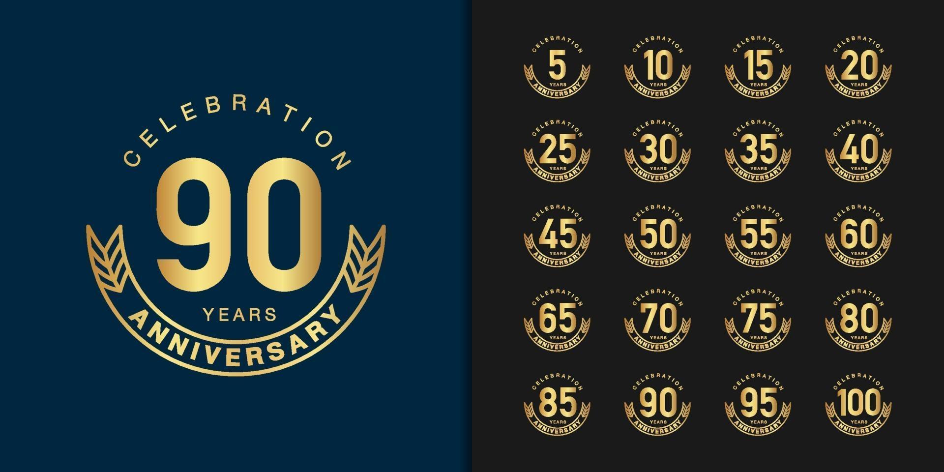 Conjunto de diseño de emblema de celebración de aniversario de oro vector