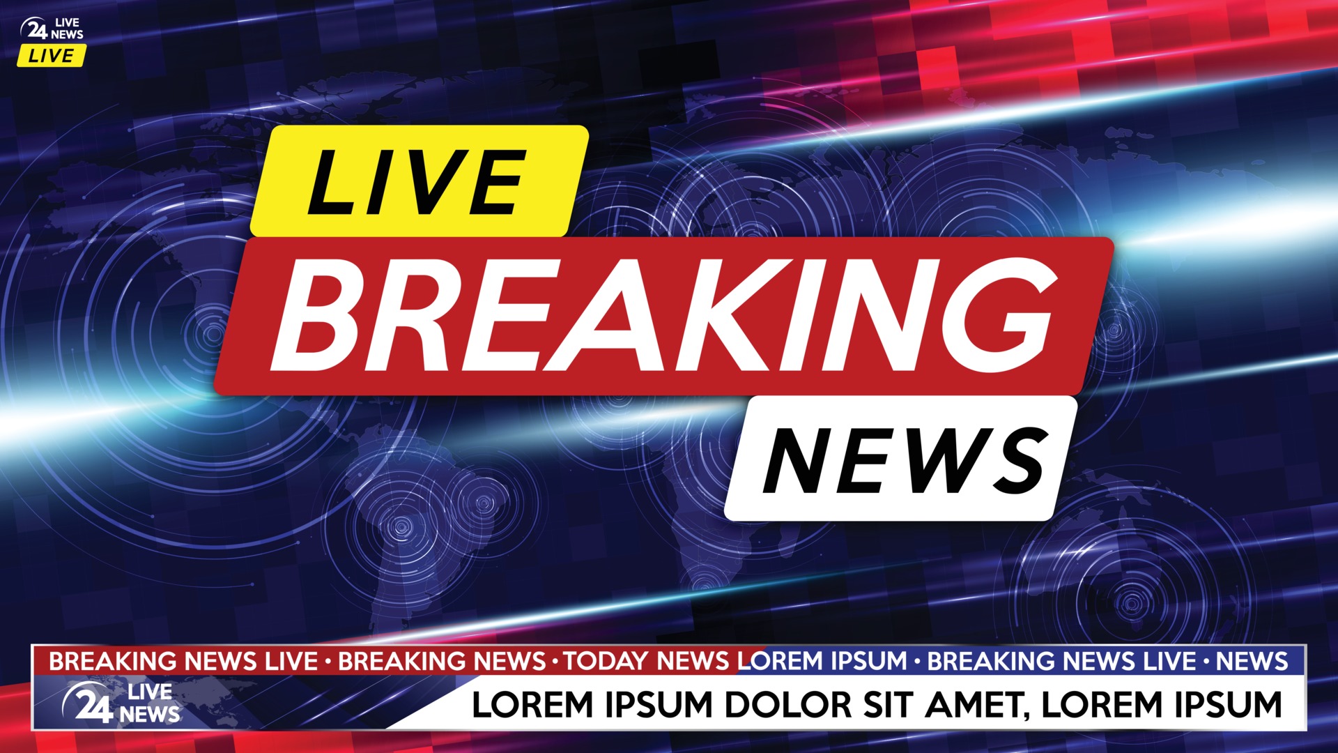 Screen saver on breaking news background. Urgent news release on  television. Breaking news live on world map background. Stock Vector