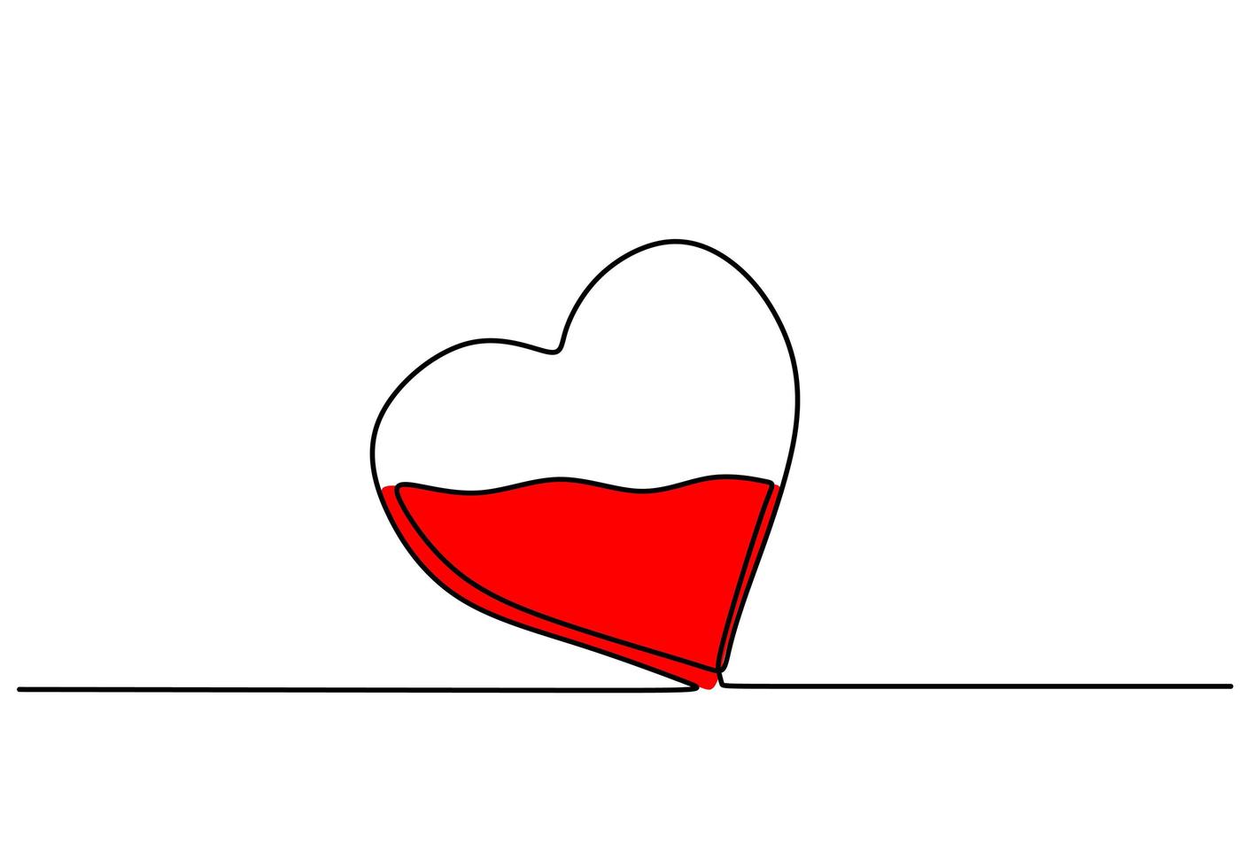 símbolo del corazón de una línea. Signo de amor continuo con líquido rojo a la mitad. vector