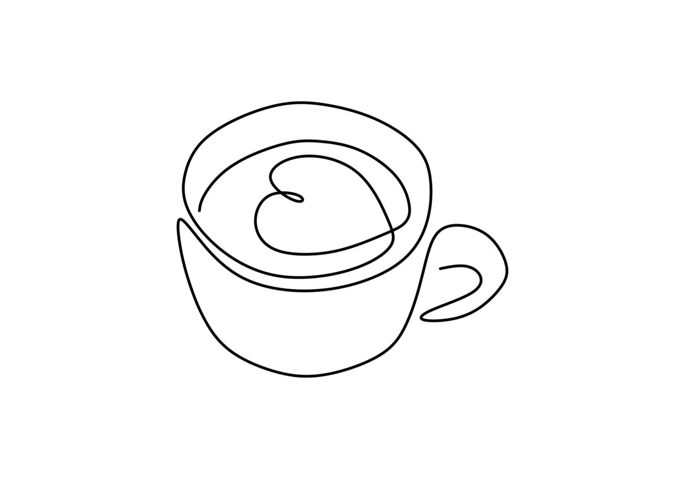 One line drawing of coffee. Cup with heart cappuccino latte art, symbol of love and relaxation. vector