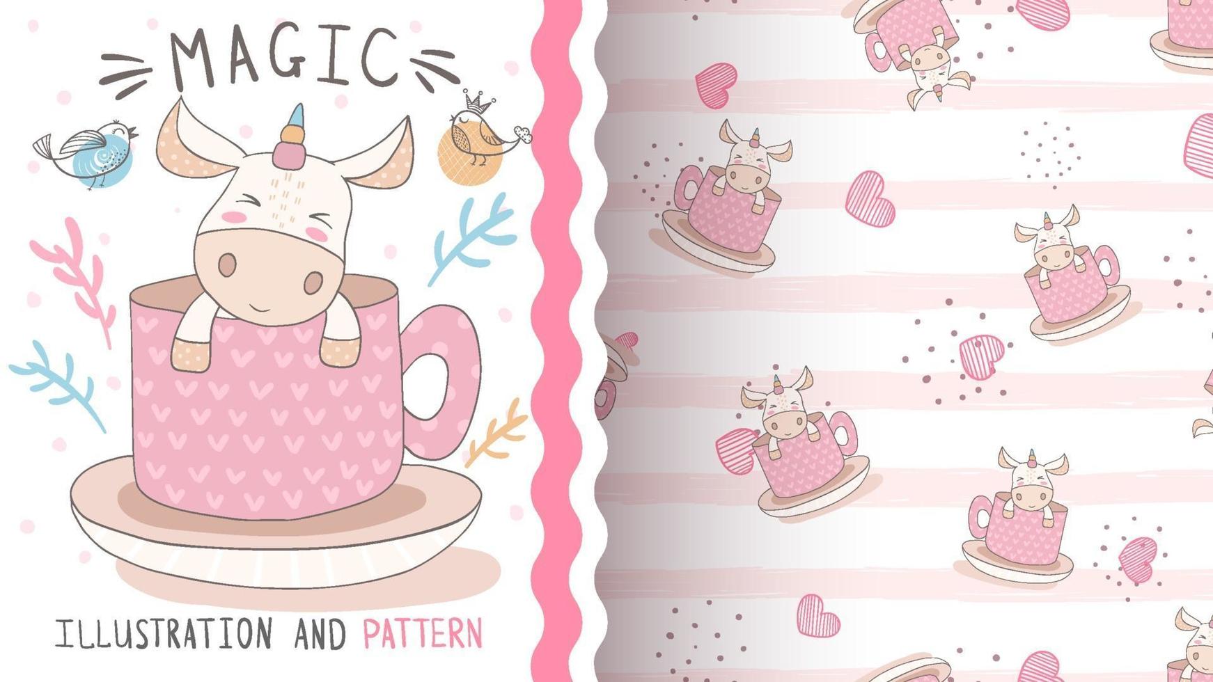 Cute unicorn in coffee cup, seamless pattern vector