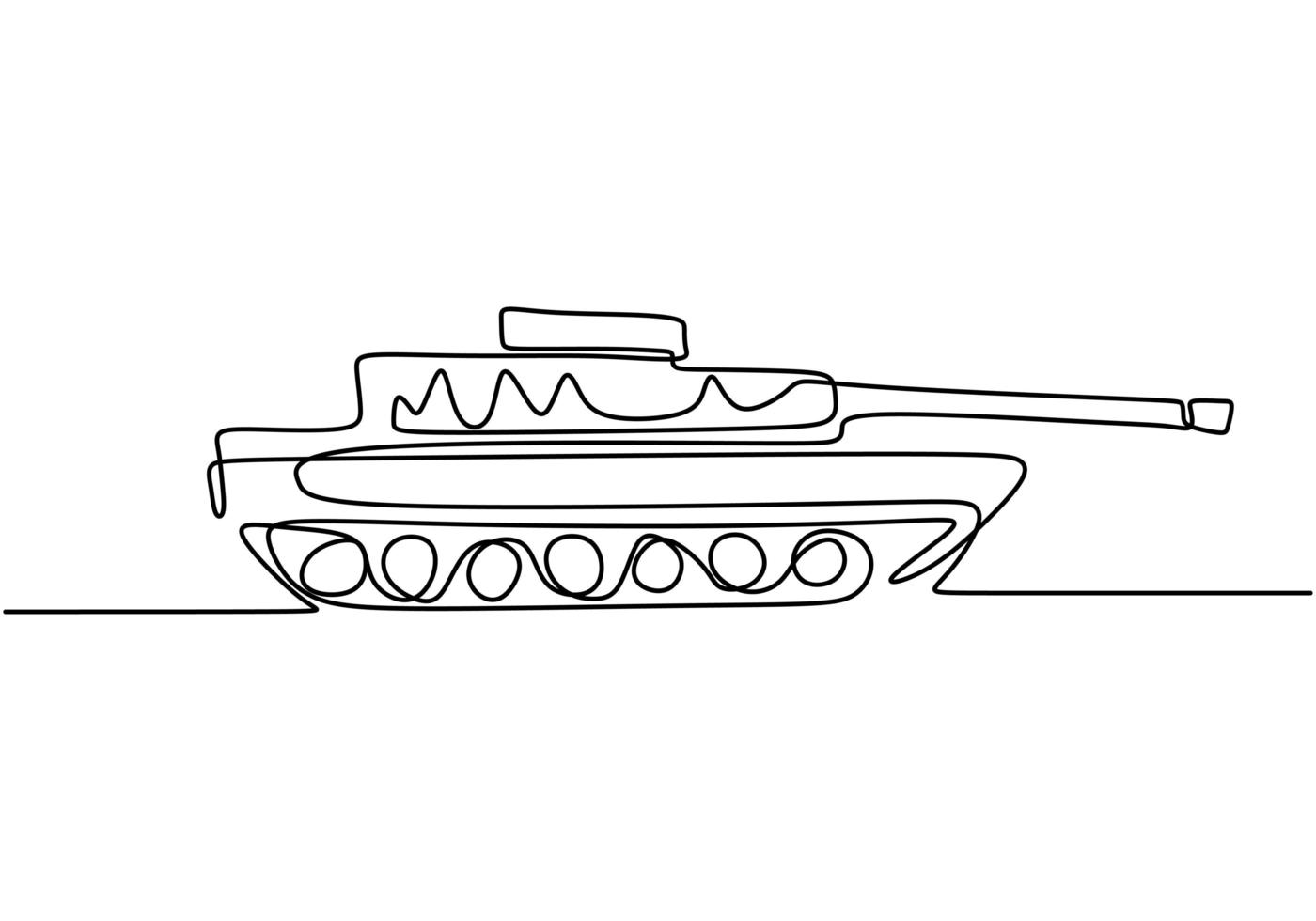 Tank one line drawing. An armoured fighting vehicle designed for front-line combat. Vector illustration army engine, minimalism continuous hand drawn.