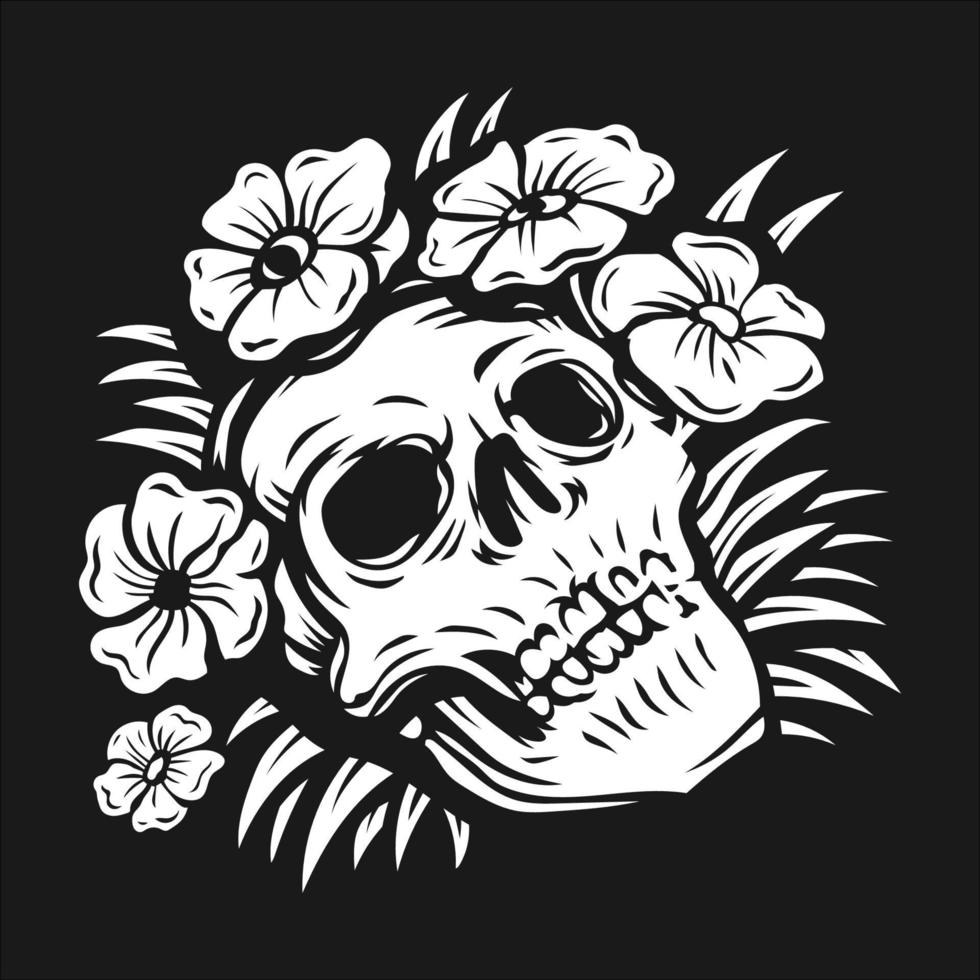hand drawing skull surrounded by rose flowers vector