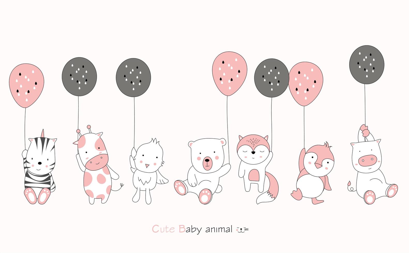 Cartoon cute baby animals with balloons on pink background. Hand drawn cartoon style. vector