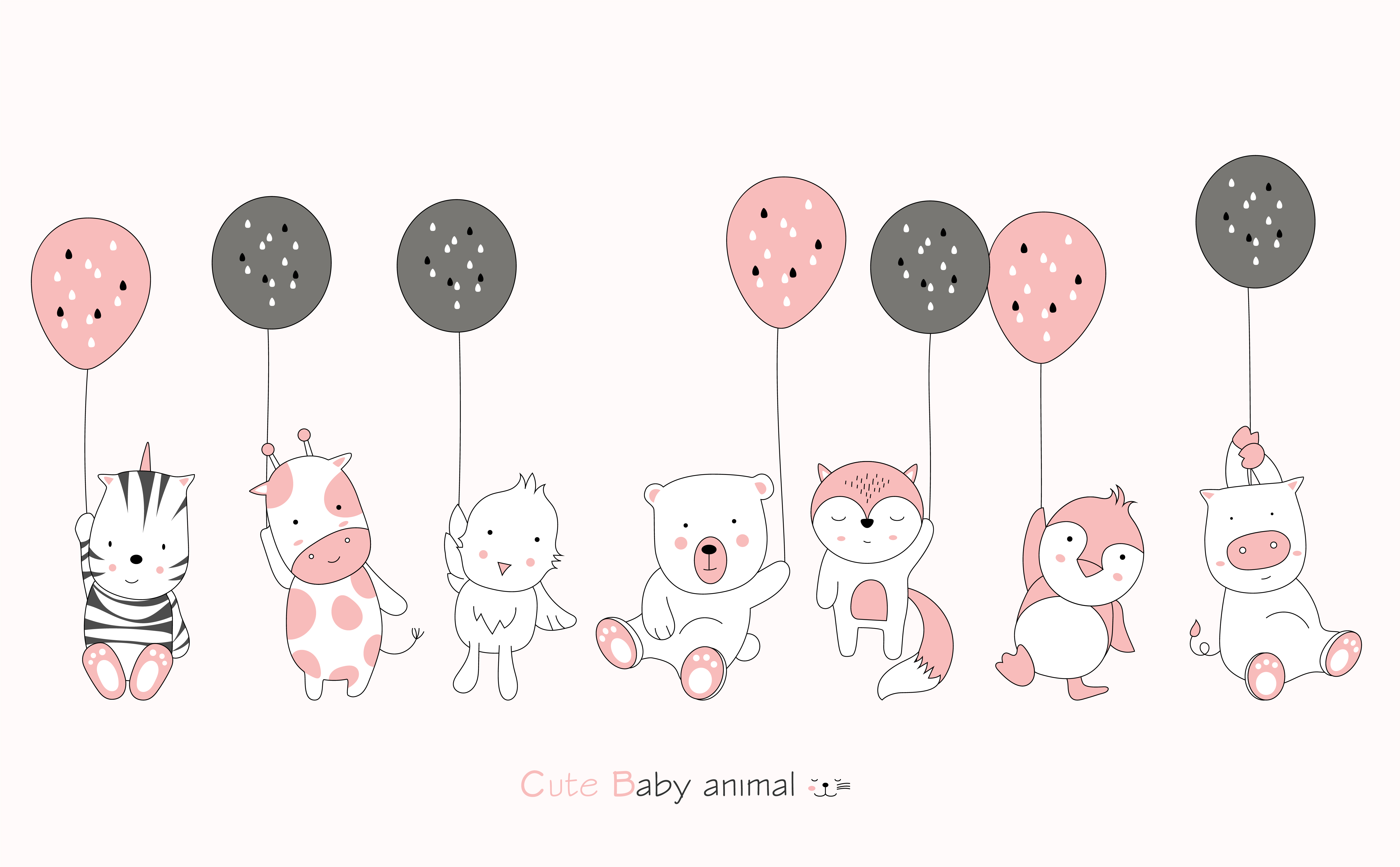 Cartoon cute baby animals with balloons on pink background. Hand drawn  cartoon style. 1958763 Vector Art at Vecteezy