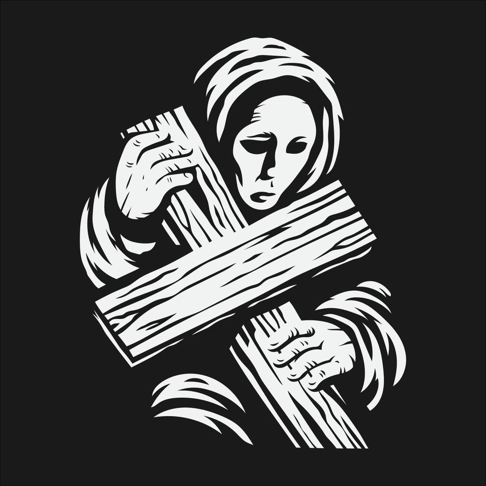 a woman wearing a robe holding a cross vector
