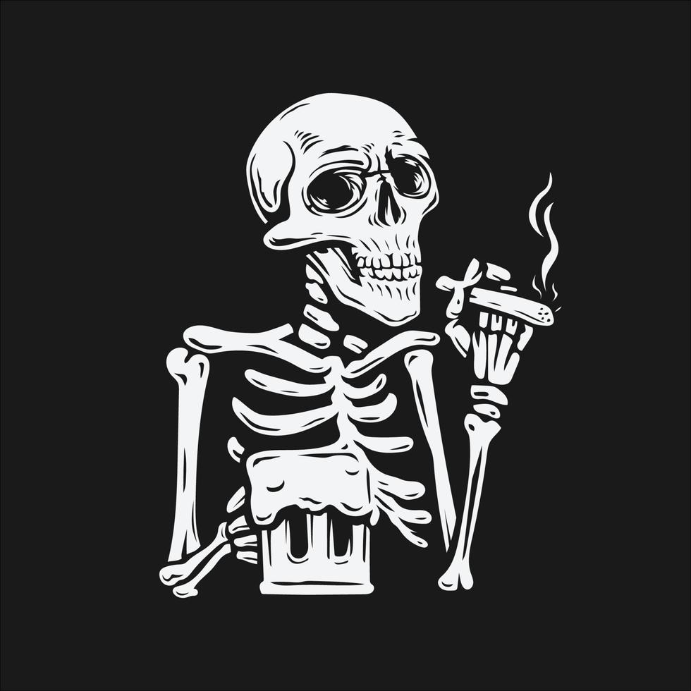 a skull holding a cigarette and a glass of beer vector
