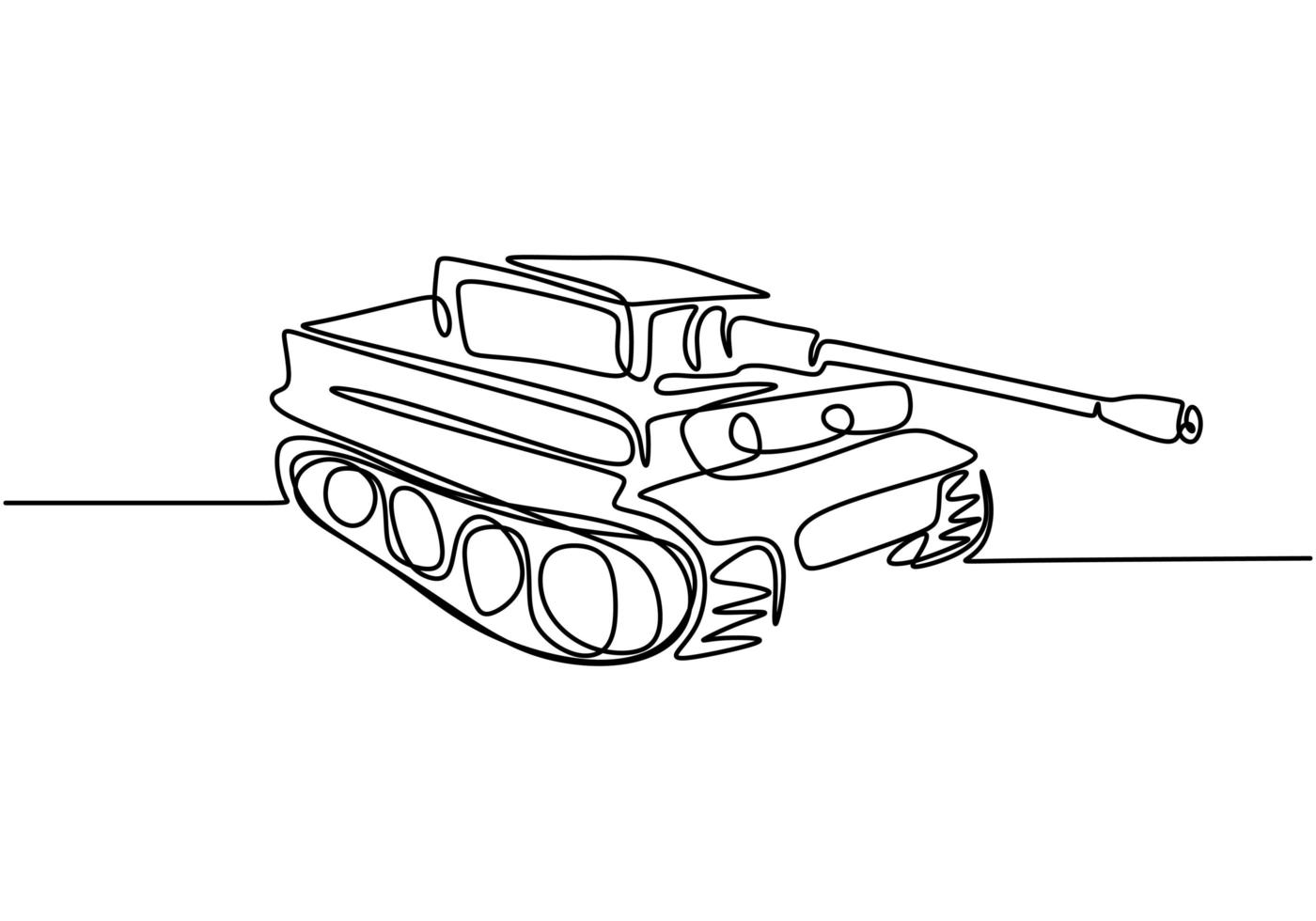 Tank one line drawing. An armoured fighting vehicle designed for front-line combat. Vector illustration army engine, minimalism continuous hand drawn.