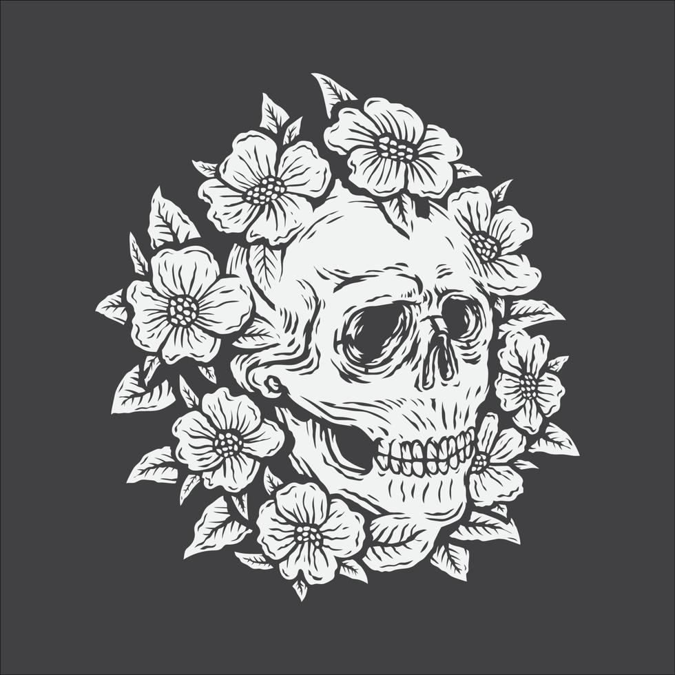 hand drawing skull surrounded by rose flowers vector