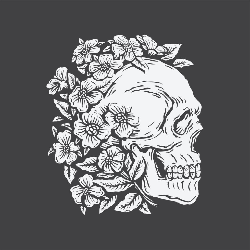 hand drawing skull surrounded by rose flower vector