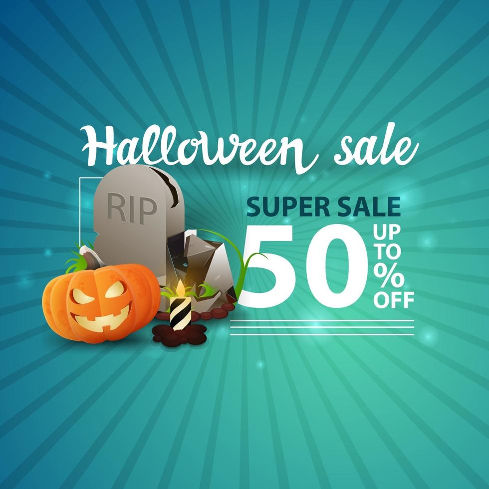 Halloween sale, -50 off, blue modern banner with tombstone and pumpkin Jack vector