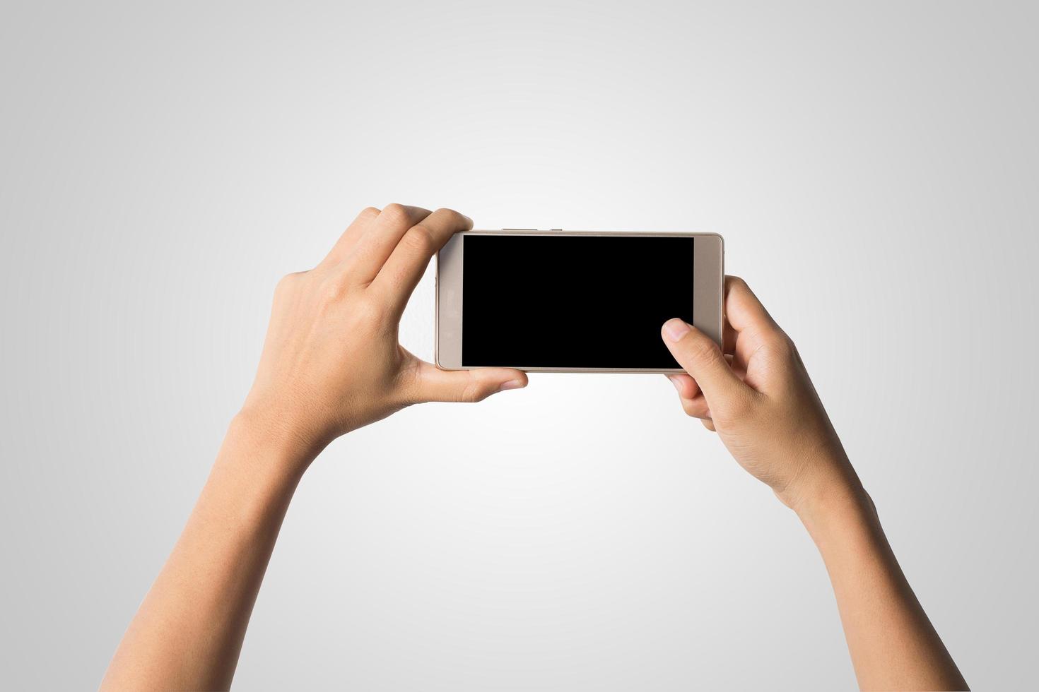 mano de mujer, tenencia, teléfono inteligente, pantalla en blanco foto