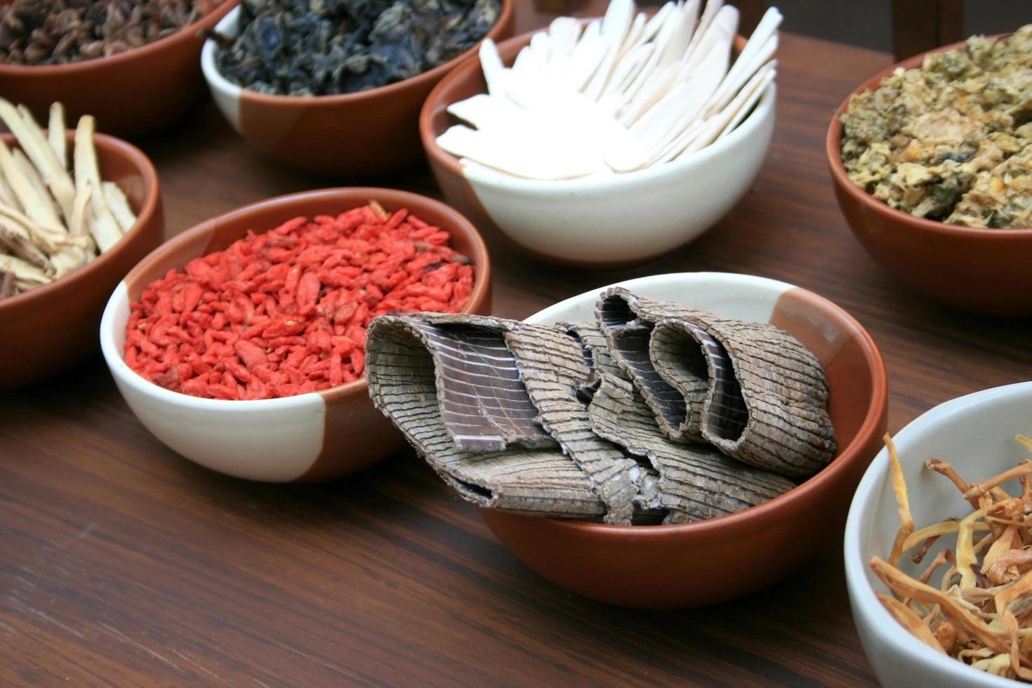 Chinese herbal medicine in bowls photo