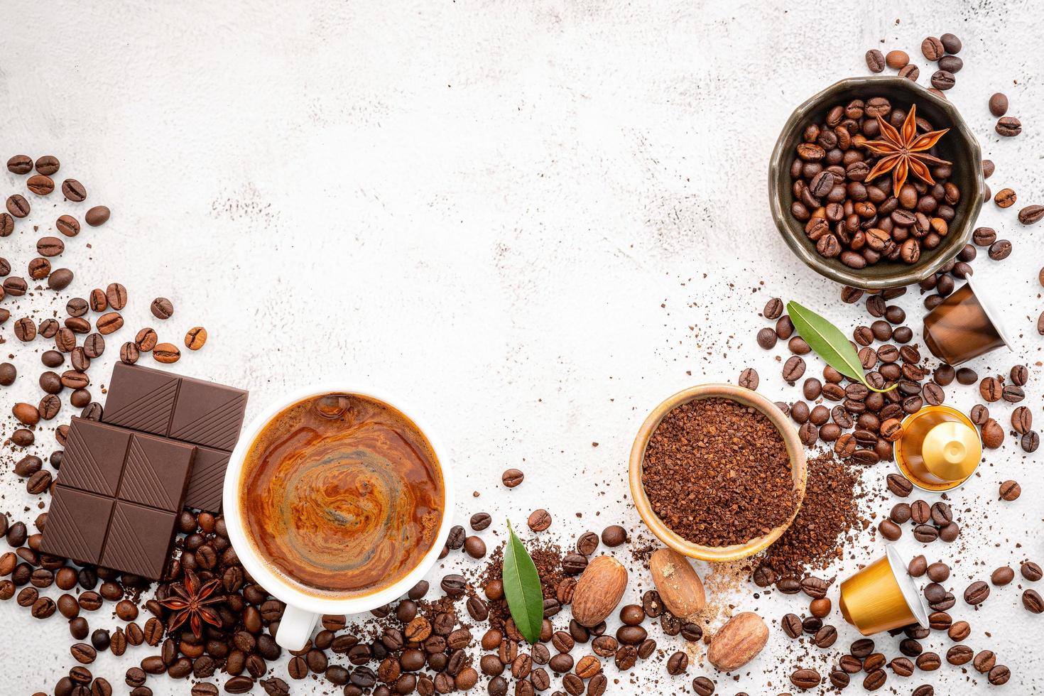 Background of various coffee, dark roasted coffee beans photo