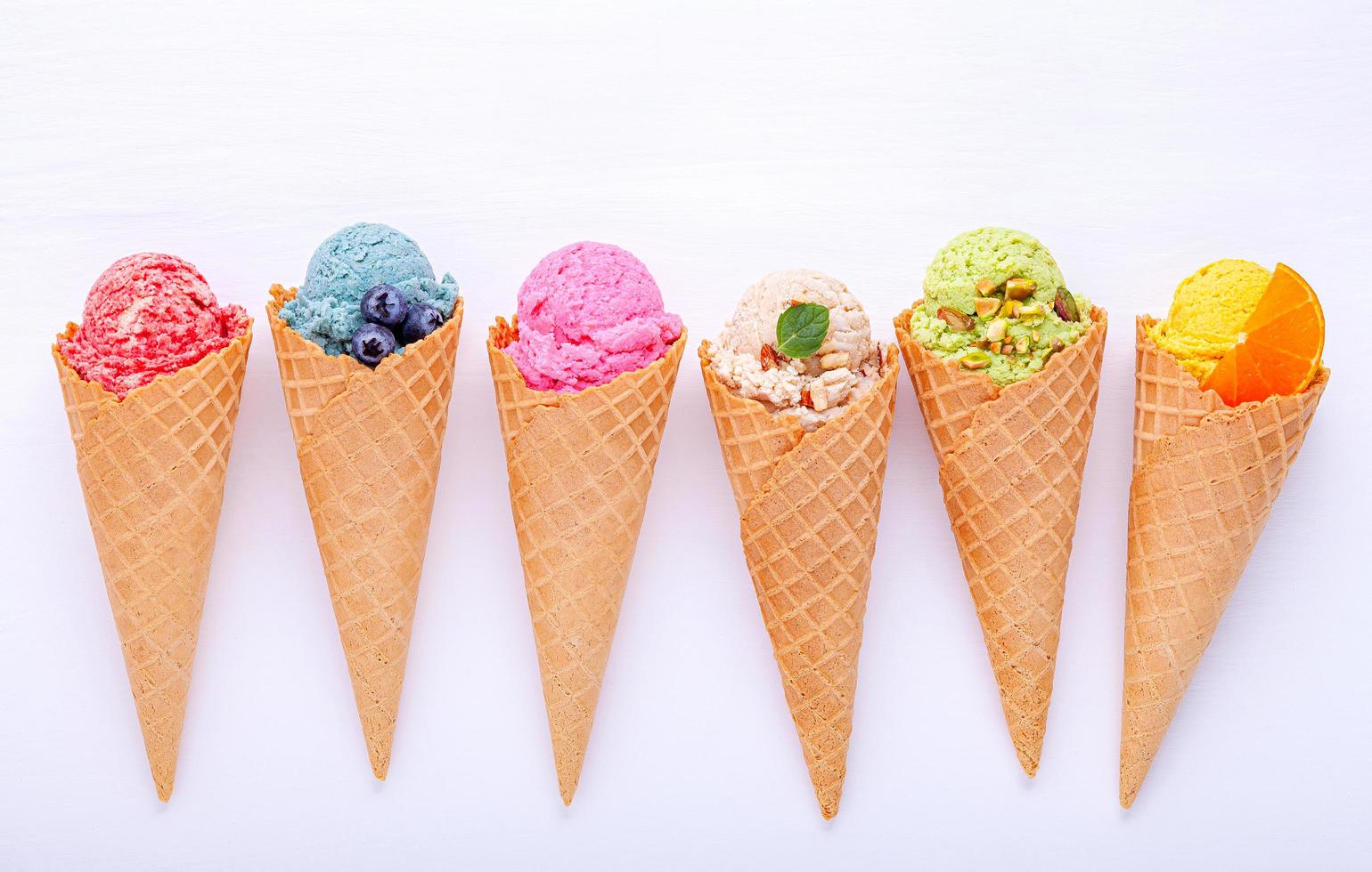 Various of ice cream flavor in cones photo