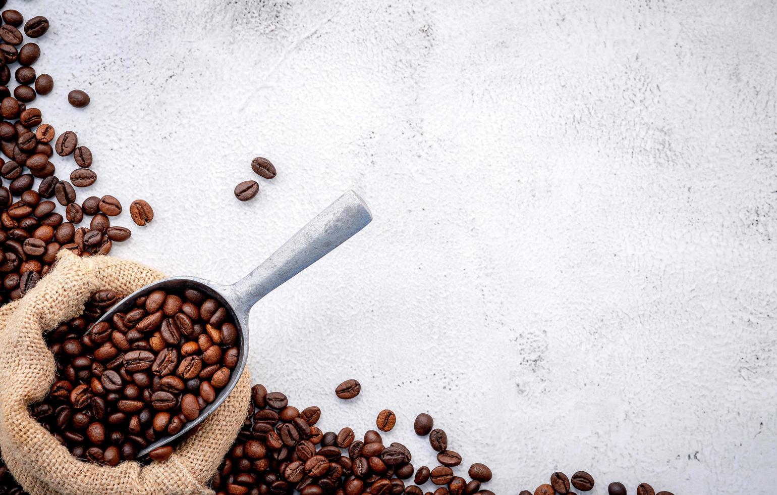 Roasted coffee beans with scoops setup on white concrete background photo