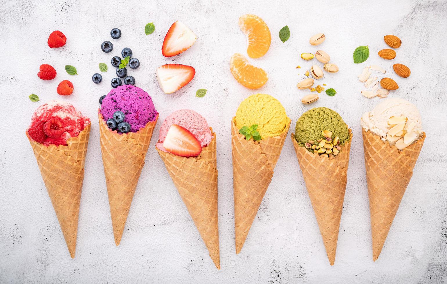 Various of ice cream flavor in cones photo