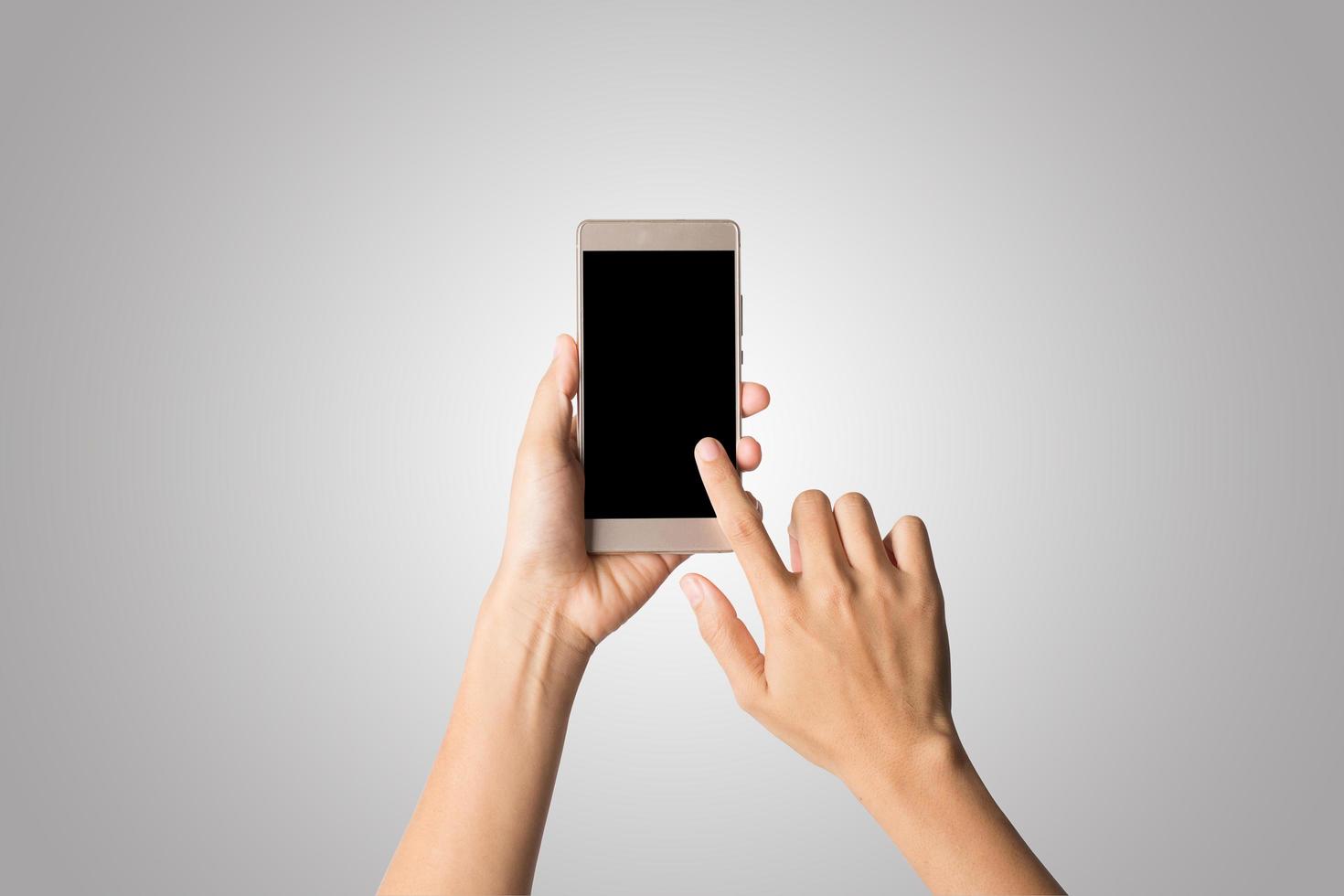 mano de mujer, tenencia, teléfono inteligente, pantalla en blanco foto