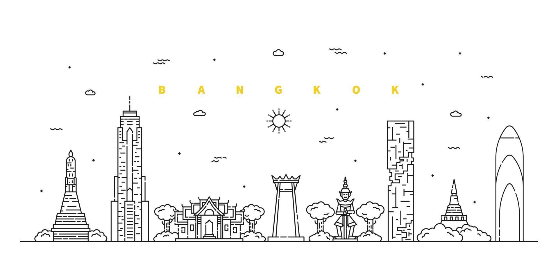 Bangkok city. Modern flat line landscape vector. Cityscape line art illustration with building, tower, skyscrapers, temple. Vector illustration.