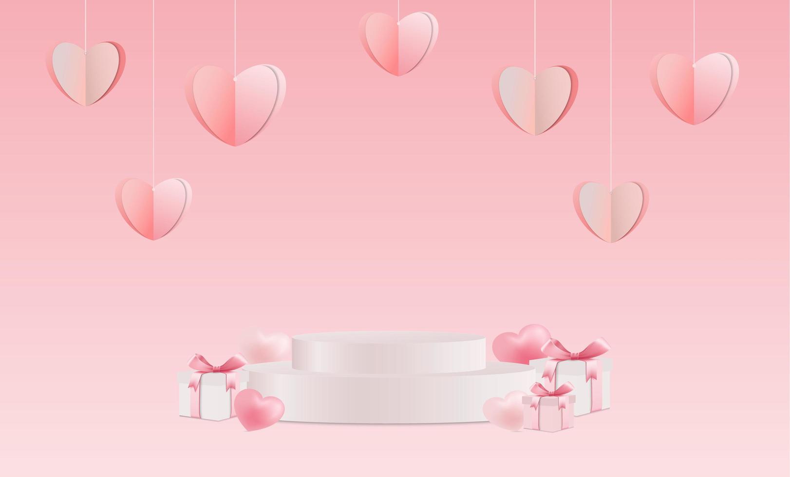 Valentines Day Product Stand and paper hearts and gift boxes vector