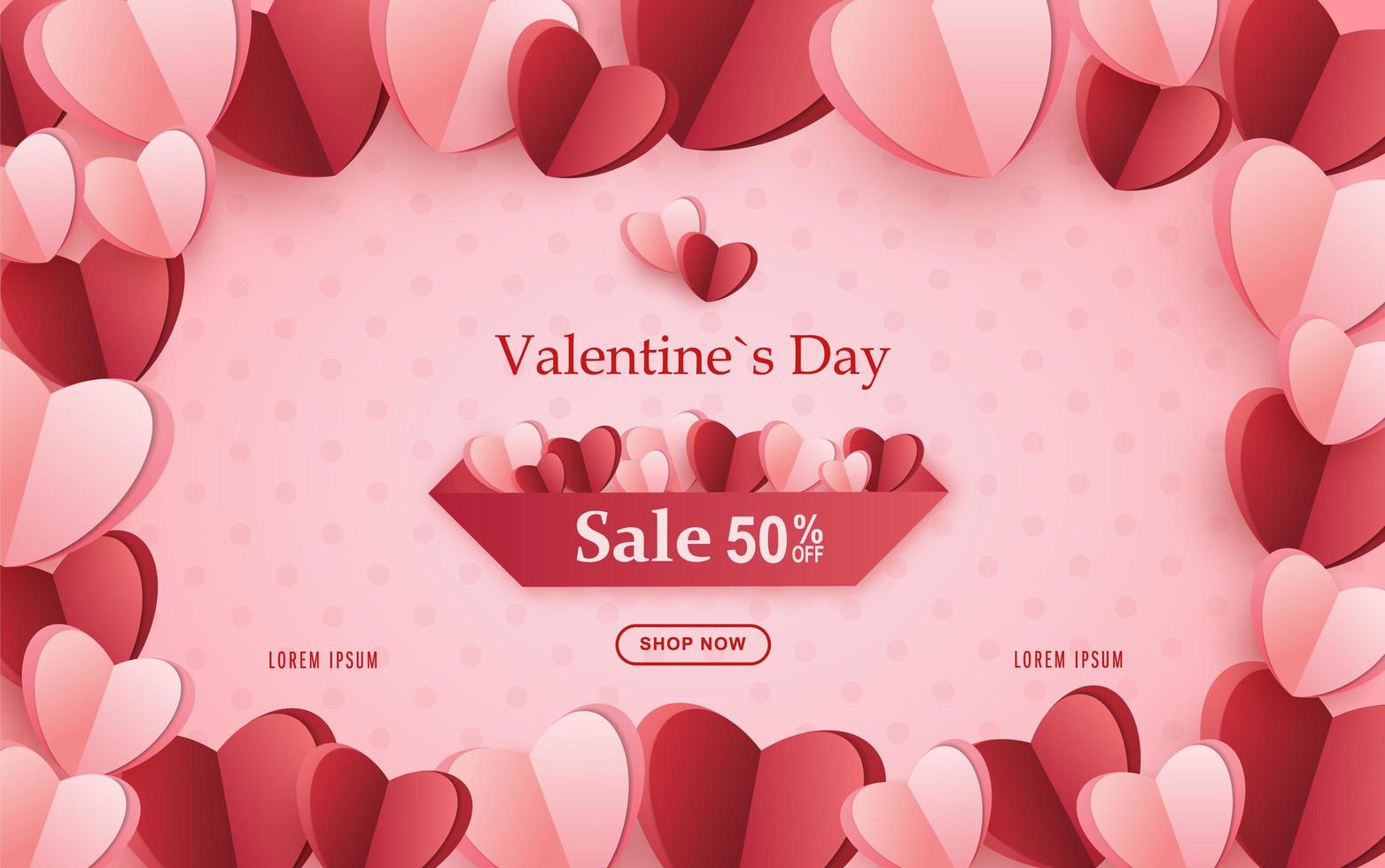 cartel de venta del día de san valentín, oferta del día de san valentín con corazones de papel vector