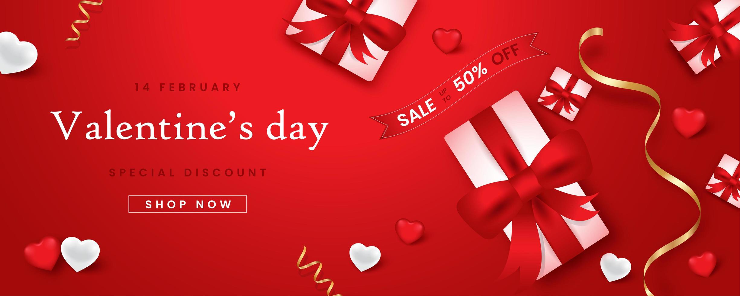 banner web promocional para la venta del día de san valentín. hermoso fondo con tela de color rojo. vector