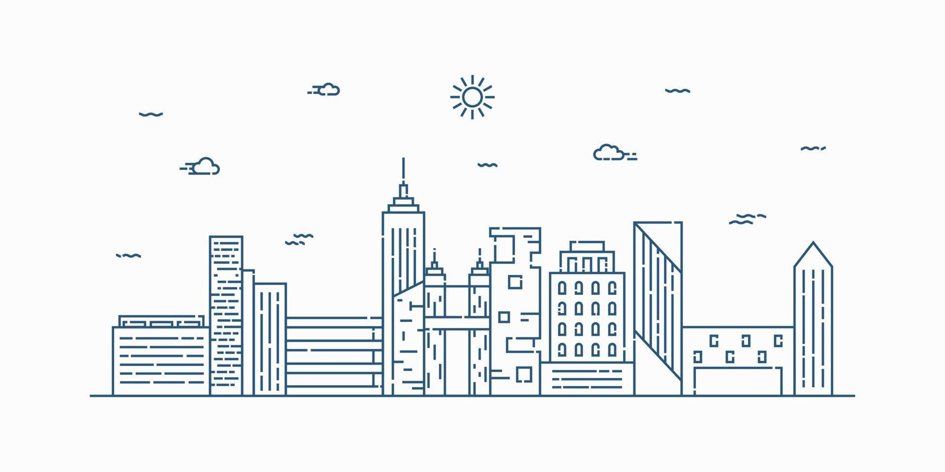 City landscape line art vector. Thin line cityscape with building, clouds, sun. Vector illustration.