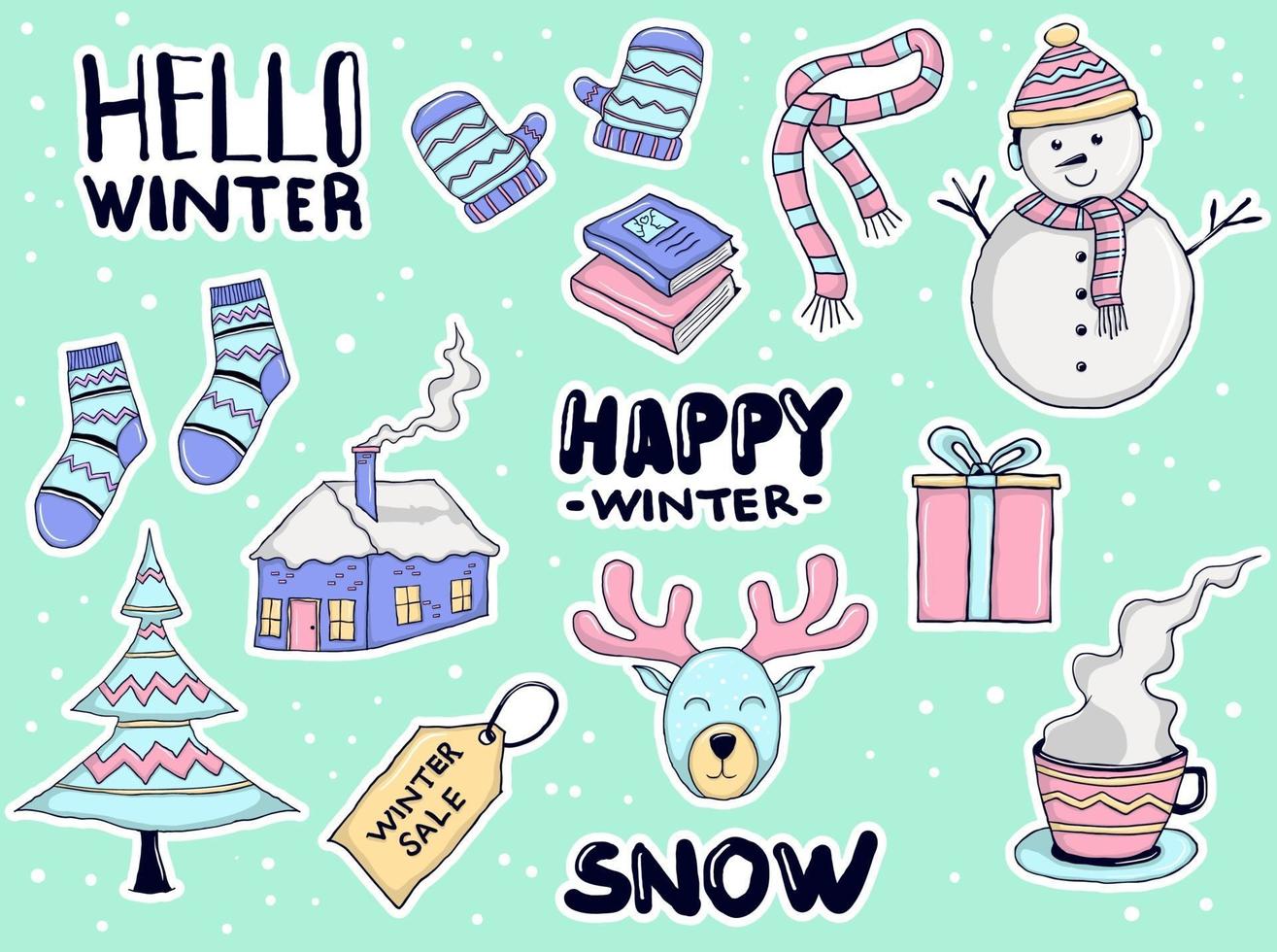 Colorful Hand drawn winter stickers collection vector