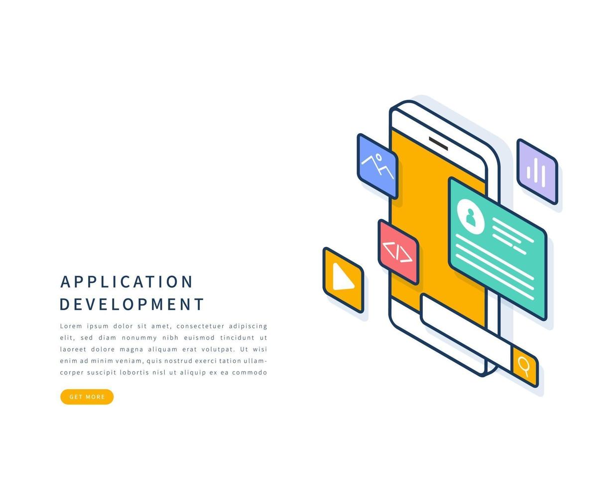 Mobile application development concept. Vector isometric flat line illustration.