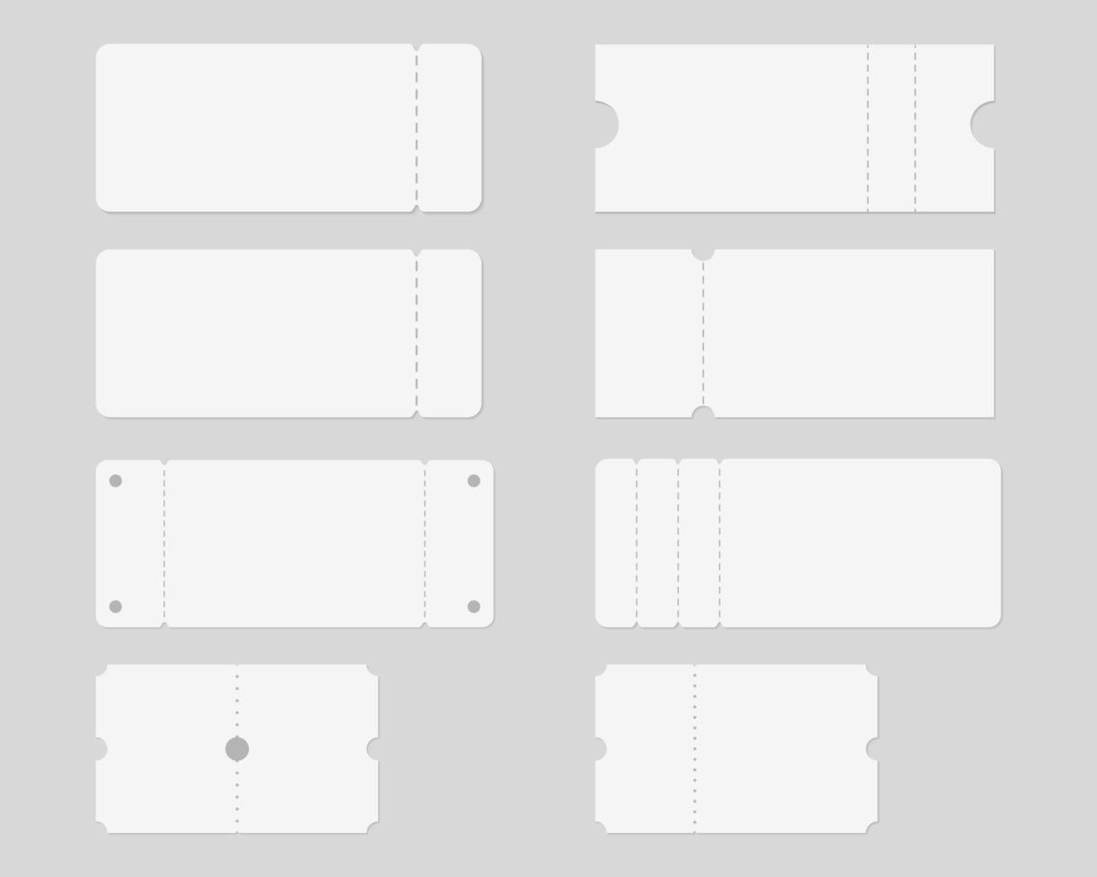 Set of blank ticket mockup template. Concert, party, festival, lottery or coupon ticket. Mockup vector isolated. Template design. Realistic vector illustration.