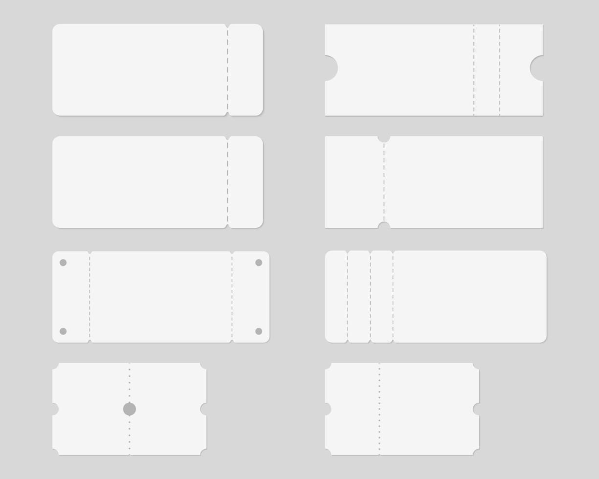 conjunto de plantilla de maqueta de boleto en blanco. concierto, fiesta, festival, lotería o boleto de cupón. vector de maqueta aislado. diseño de plantilla. ilustración vectorial realista.
