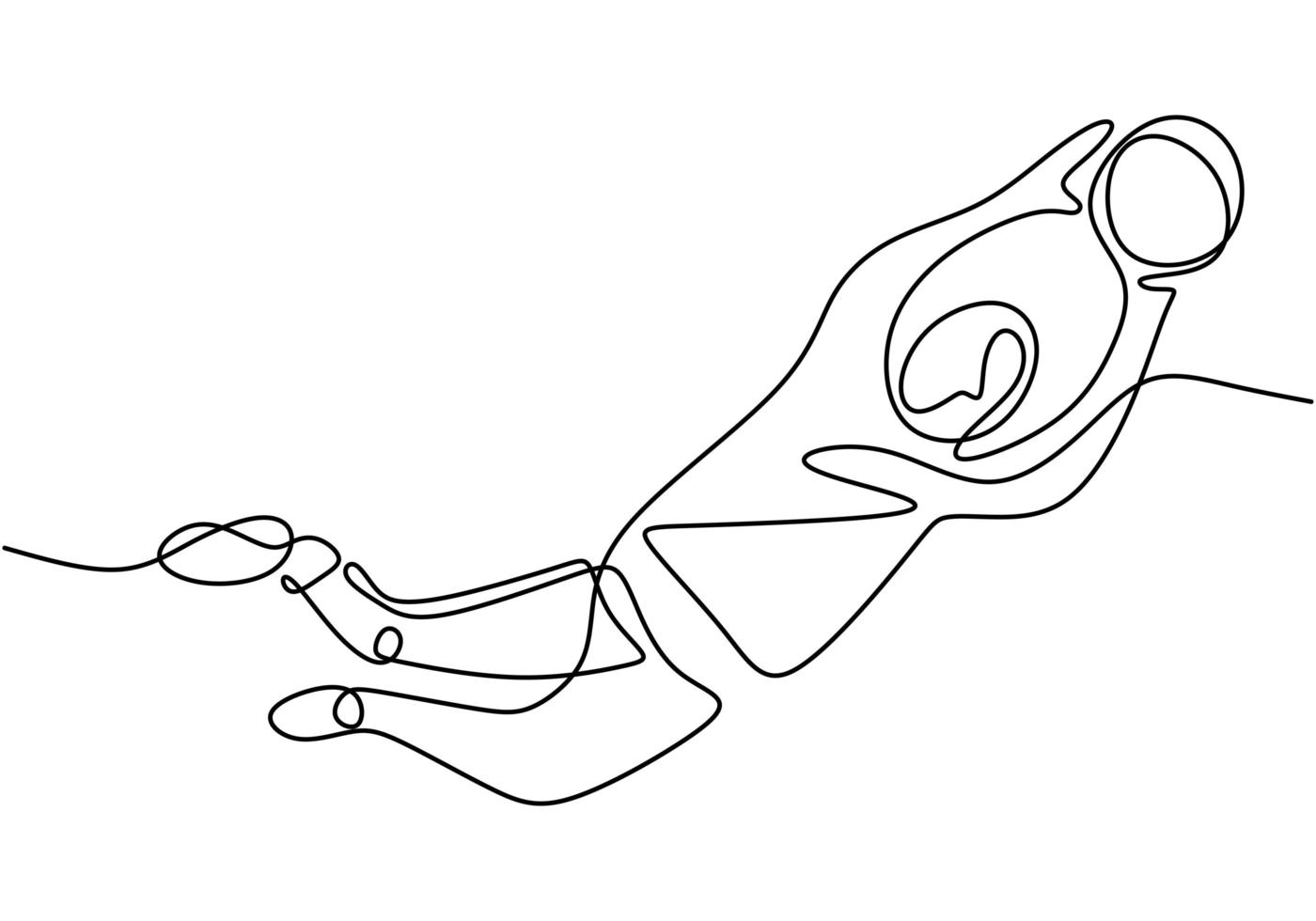 Continuous one line drawing of young man playing football as a goalkeeper. vector