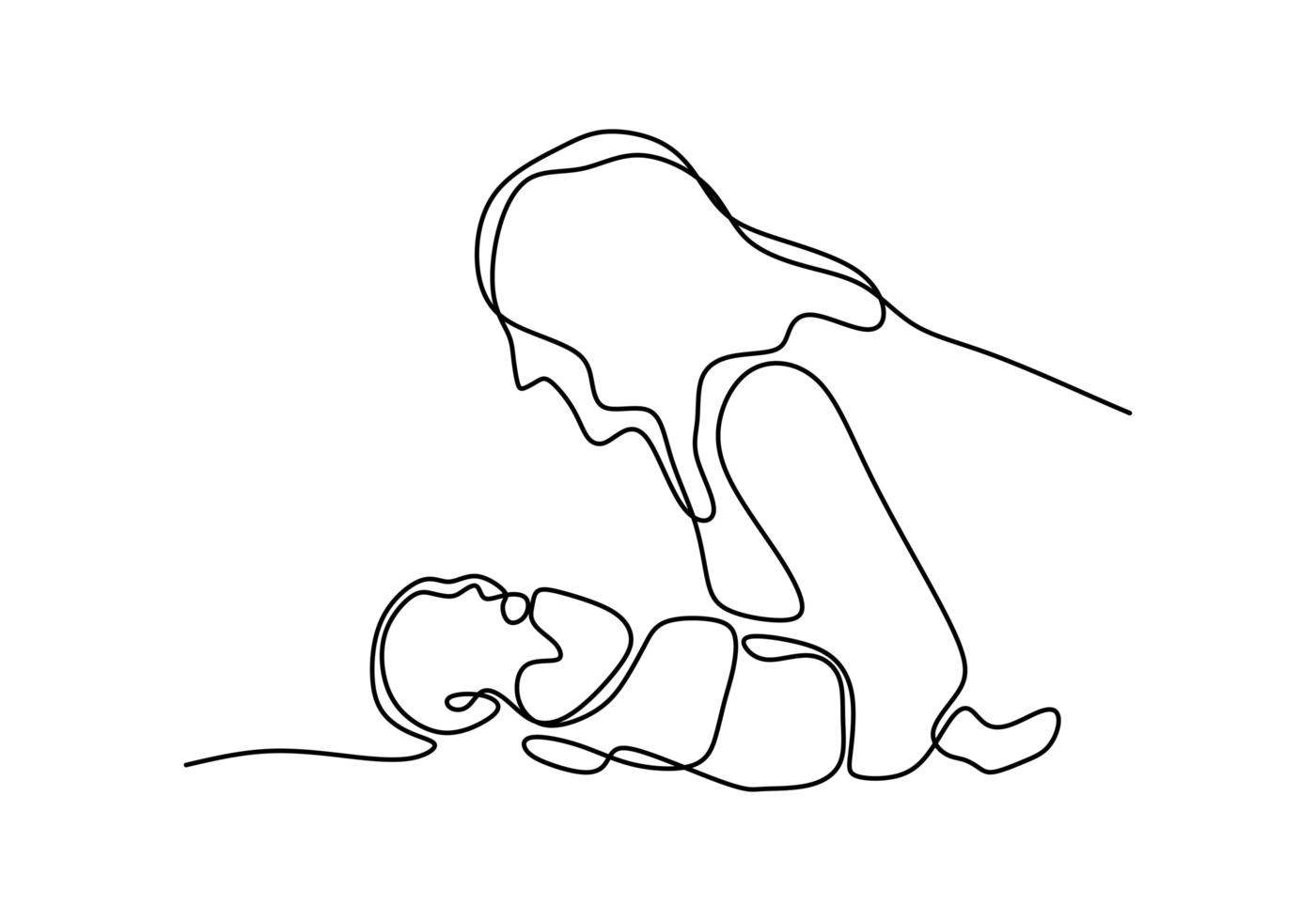 Happy mothers day. Continuous single drawn one line woman playing with a baby. Mom give her love for baby. vector