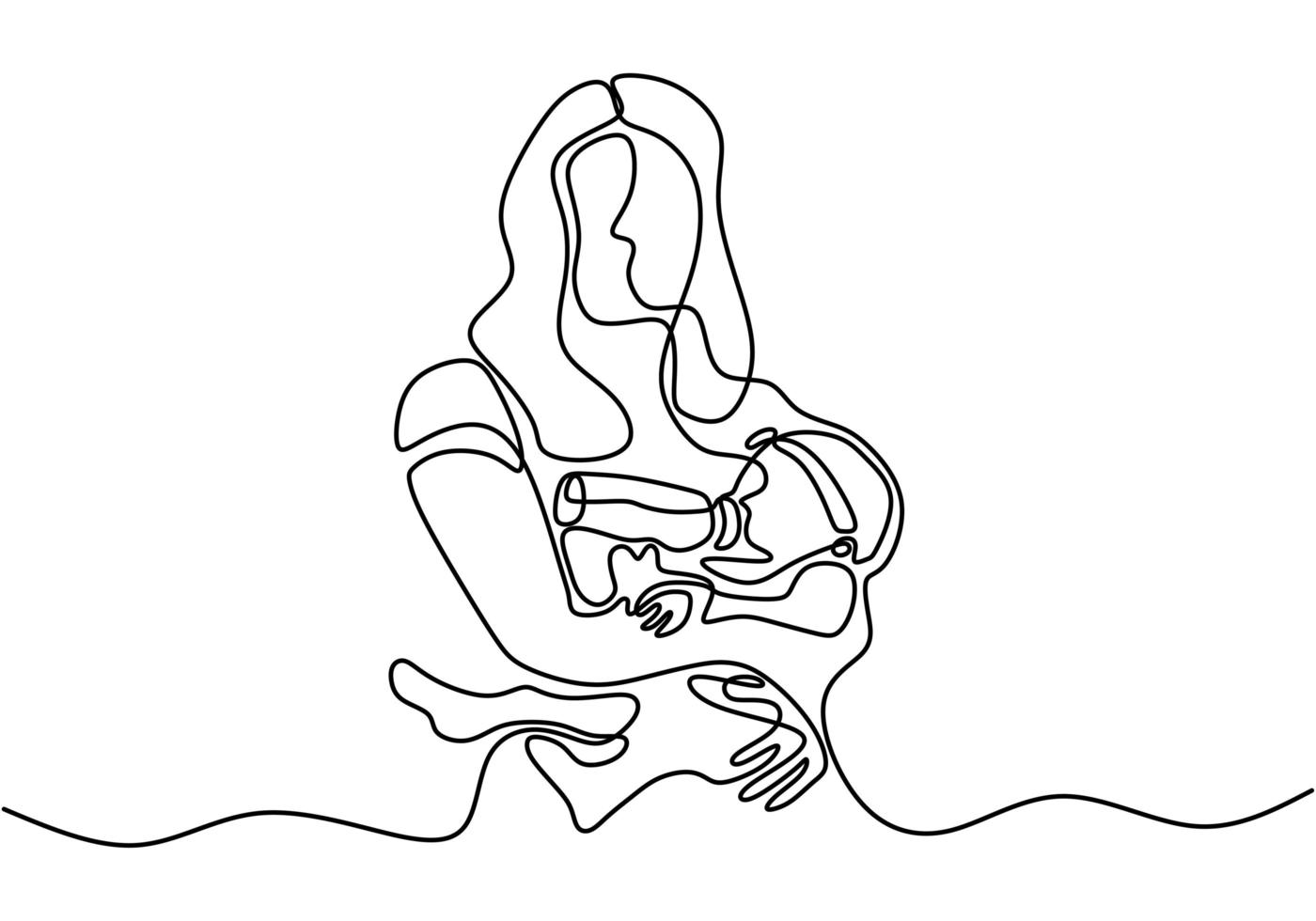 Continuous one line drawing. Woman holds her baby. Deep hug to her children. vector