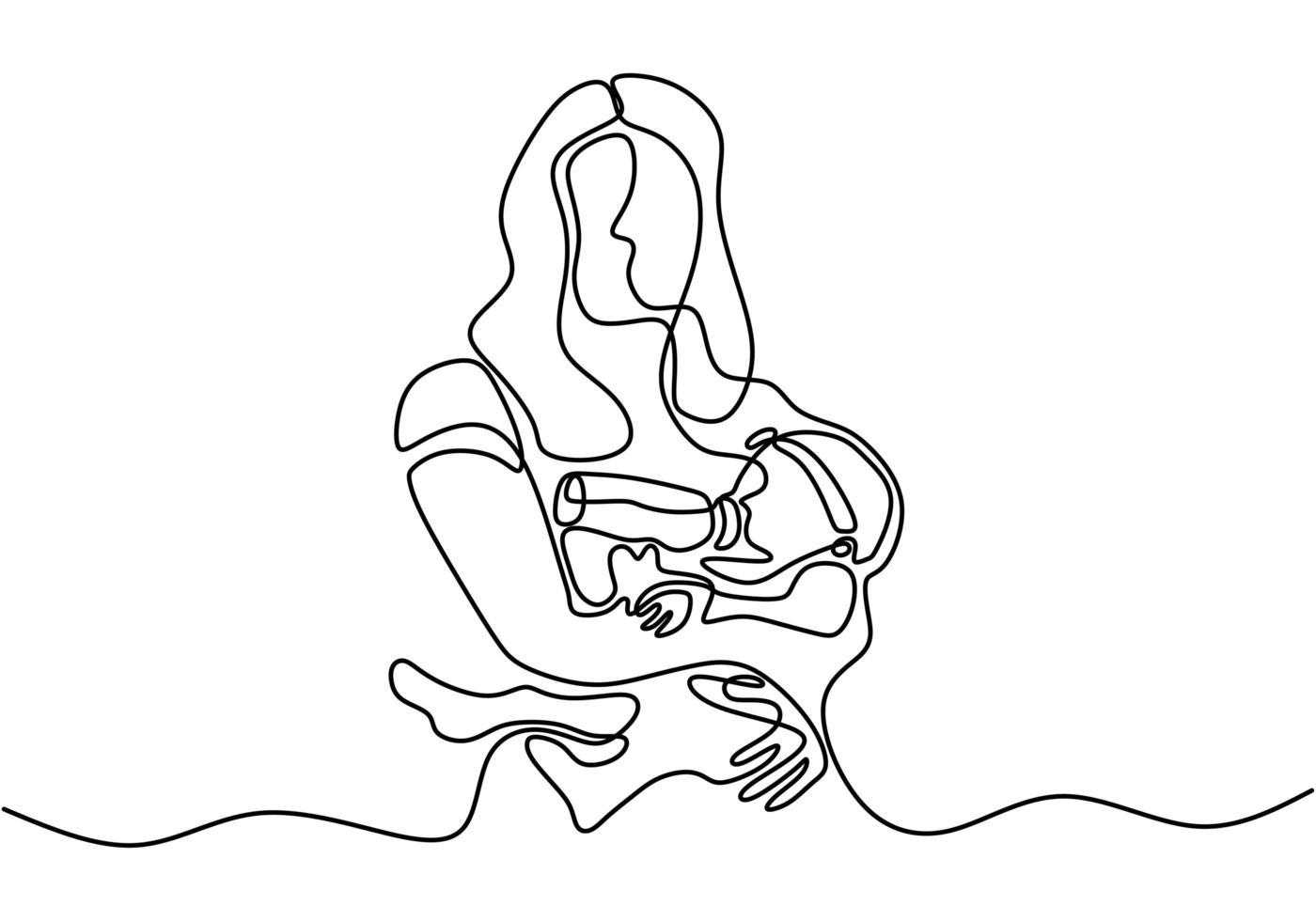 dibujo continuo de una línea. mujer sostiene a su bebé. abrazo profundo a sus hijos. vector