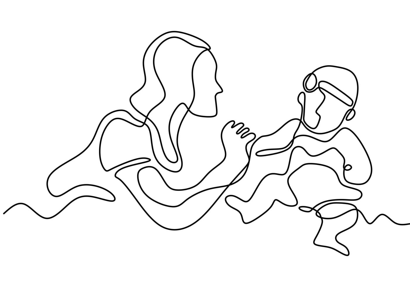 Happy mothers day. Continuous one line drawing. Woman hold her baby. Giving her hand to child. vector