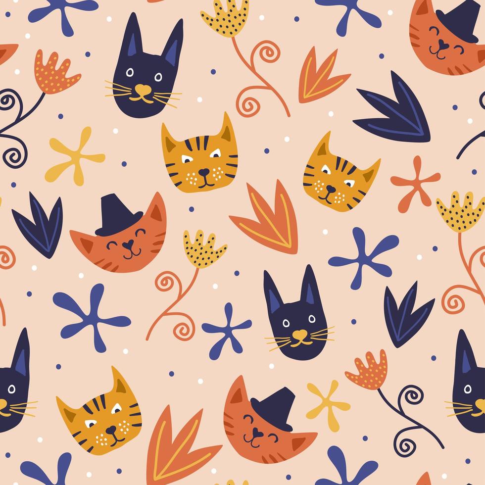 patrón sin fisuras con lindos gatitos de colores. Gato infantil de dibujos animados de animales dibujados a mano con decoración floral. vector