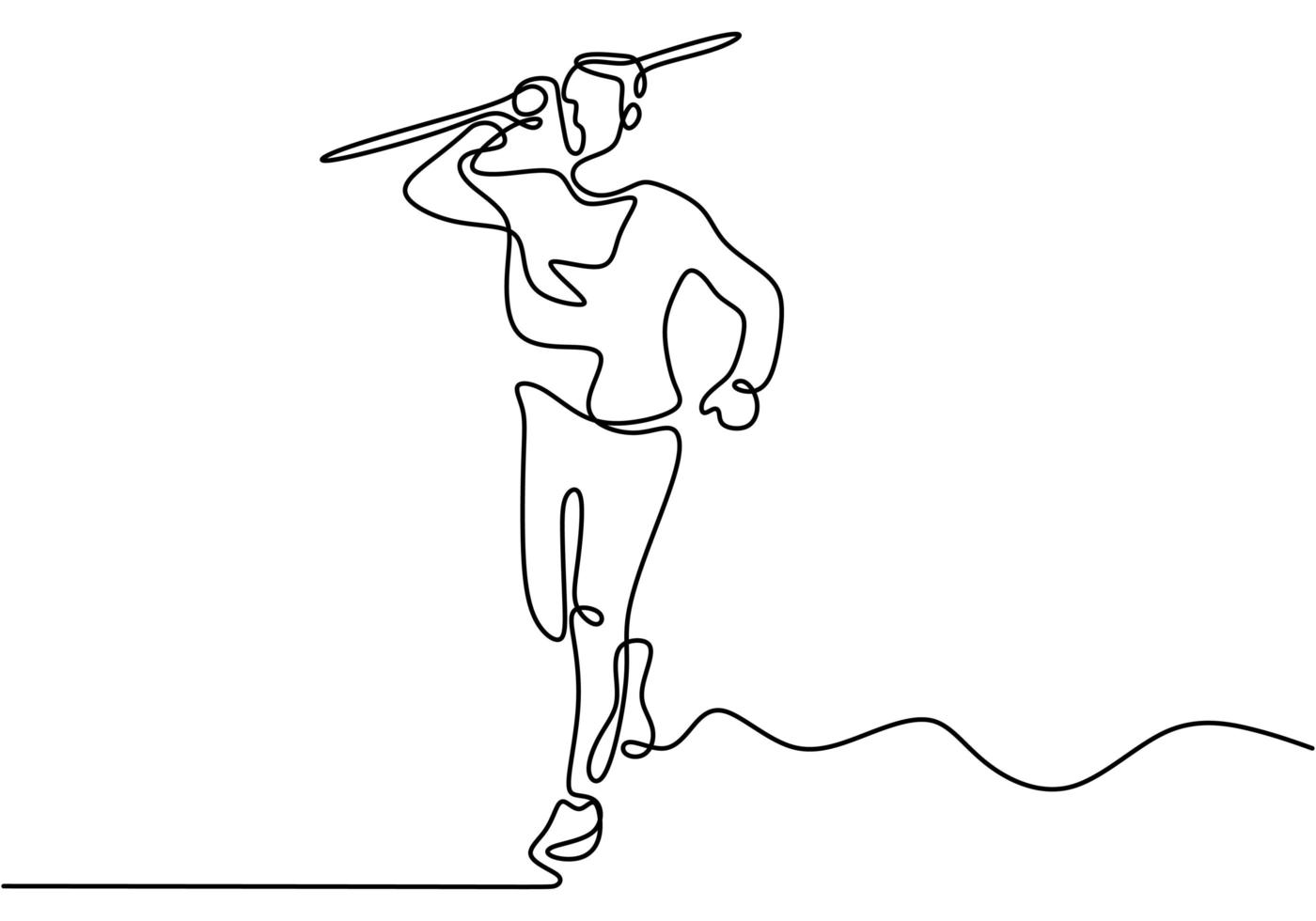 Continuous line drawing of javelin athlete. Young sporty man exercise to run stance before throw javelin on the field. vector