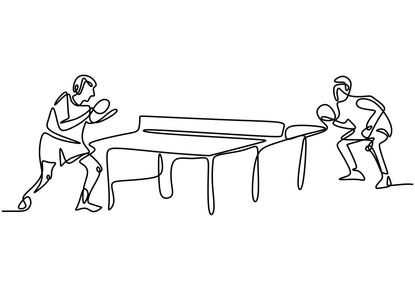 Continuous single line drawing of young agile table tennis players hitting the ball. Two athletes playing table tennis. vector