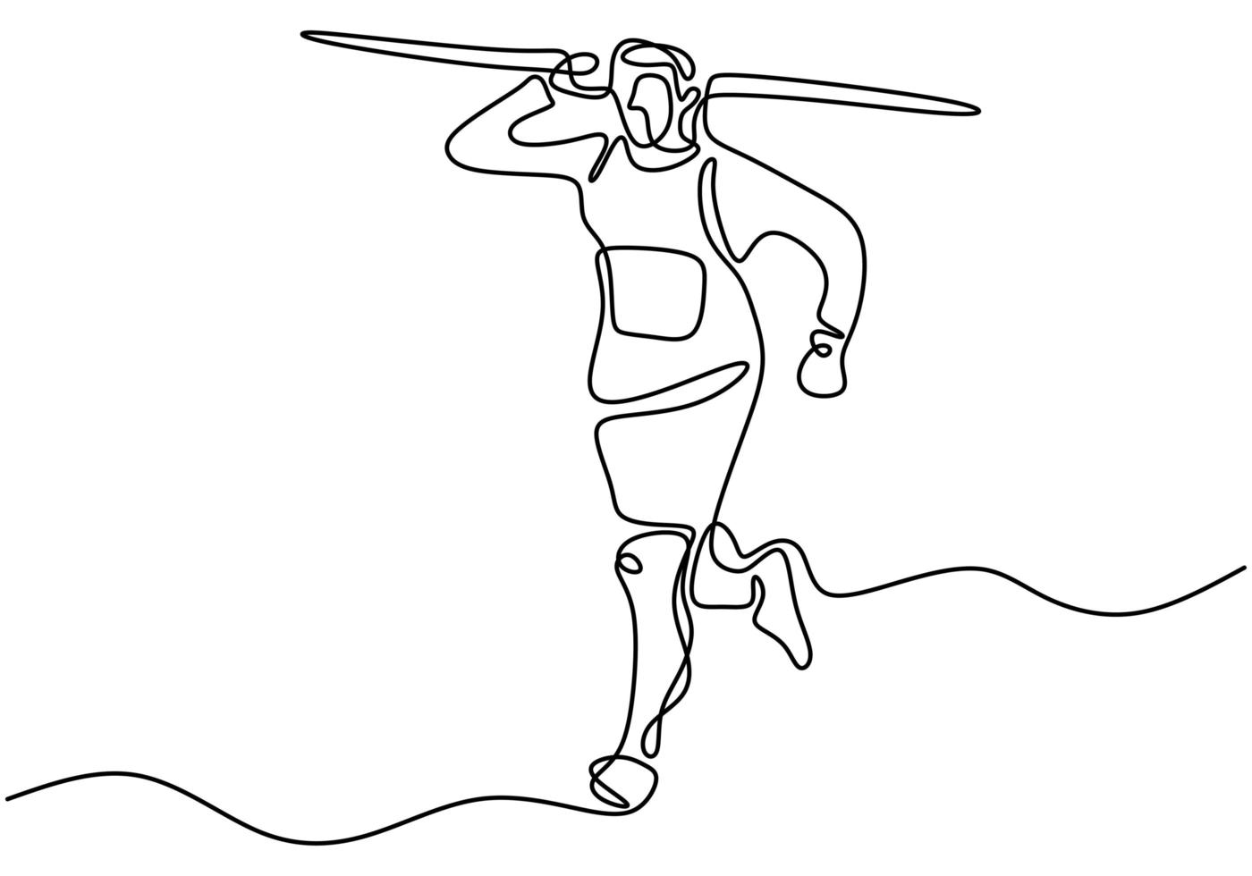 Continuous line drawing of javelin athlete. Young sporty man exercise to run stance before throw javelin on the field. vector