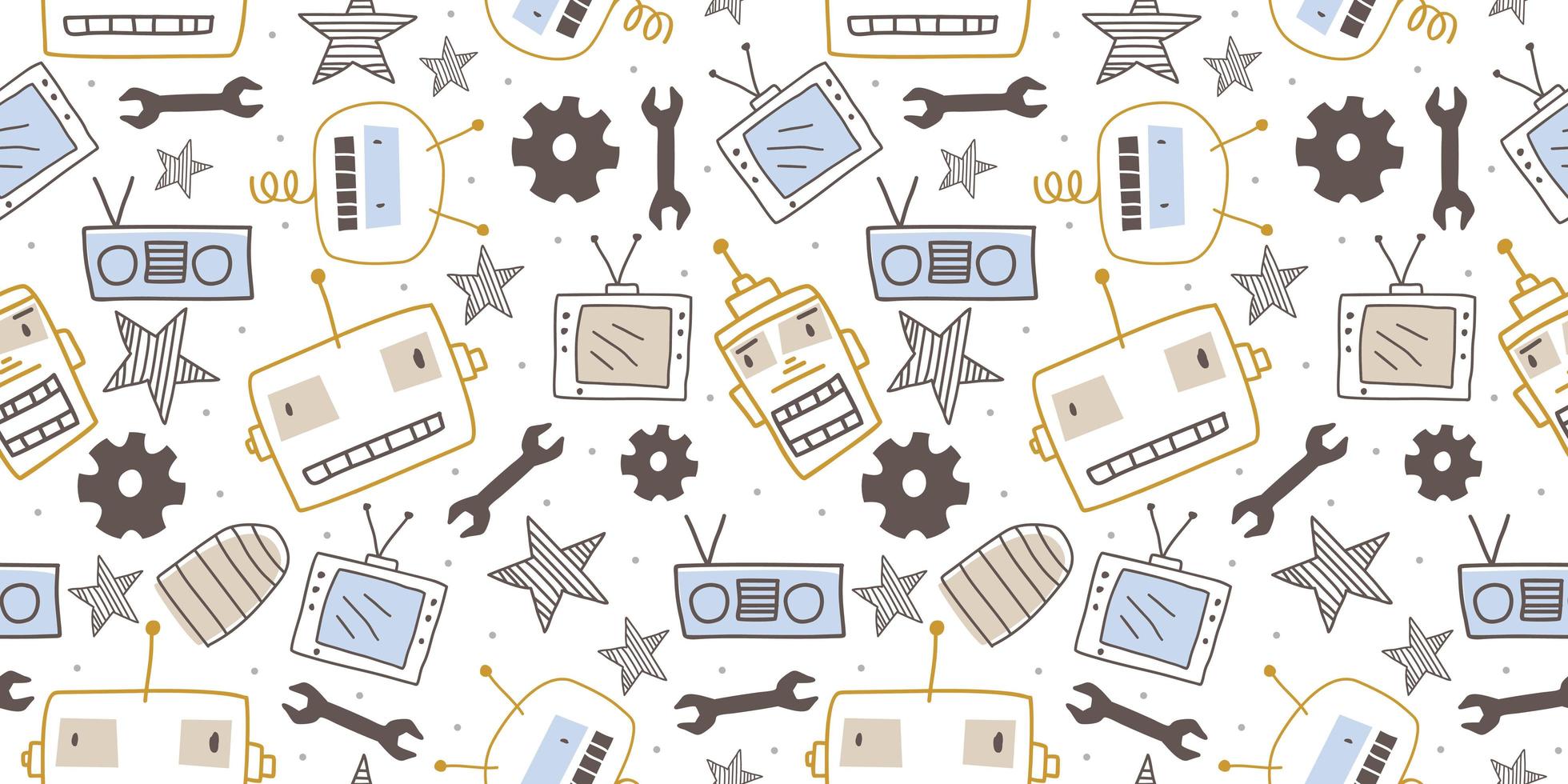 Hand drawn robots seamless pattern. Cute character vintage background. vector