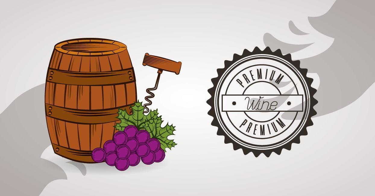 wine icons with barrel and grapes vector