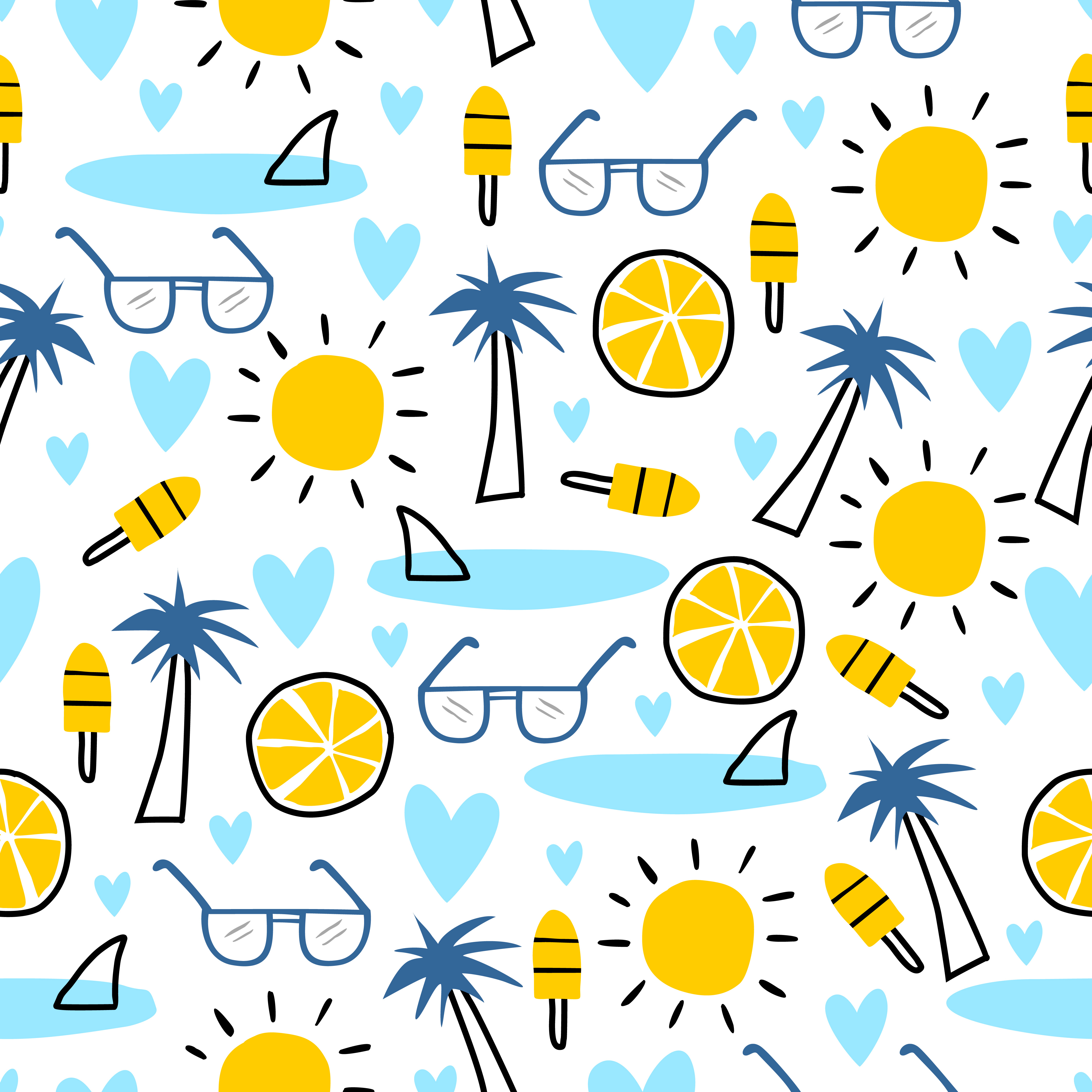 Summer seamless pattern, vector illustration with palm tree, sunglasses