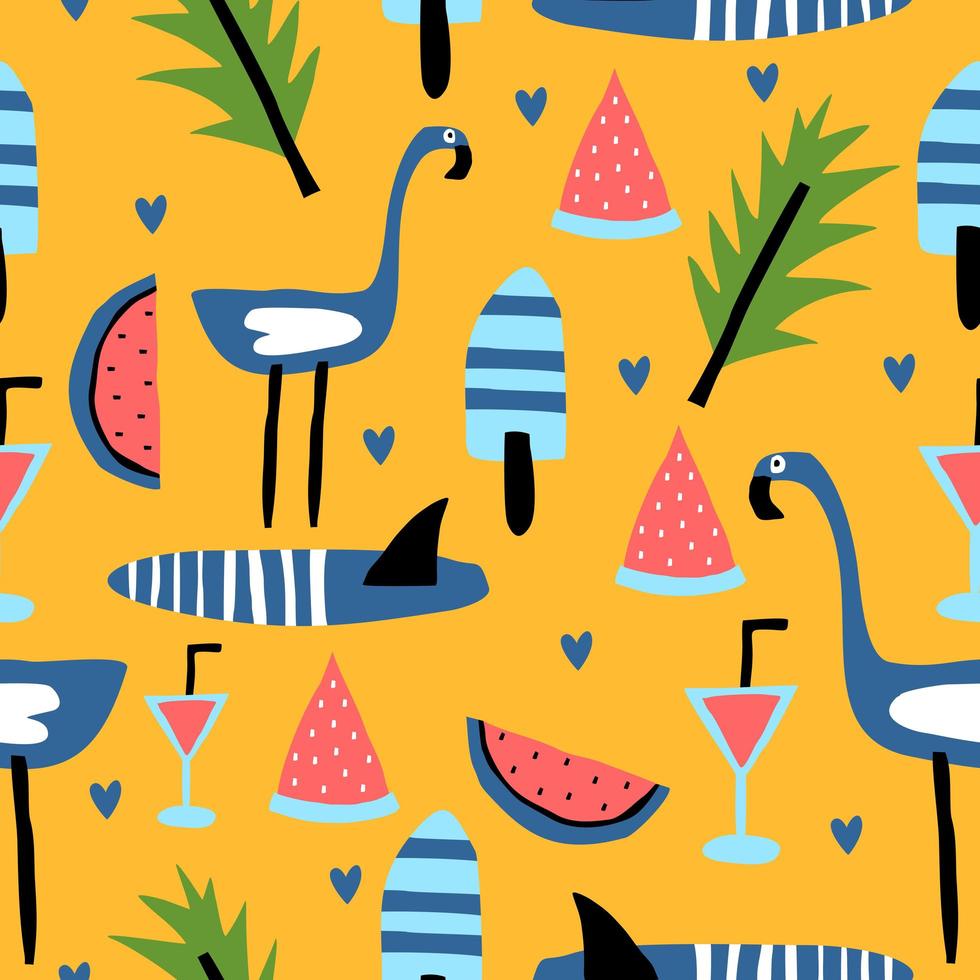 Summer seamless pattern, vector illustration with flamingo, watermelon, and palm leaves.